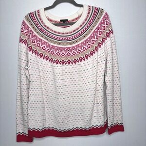 Talbots Fair Isle Sweater Size XL Knit Red Cream Spotted Lambs Wool Blend